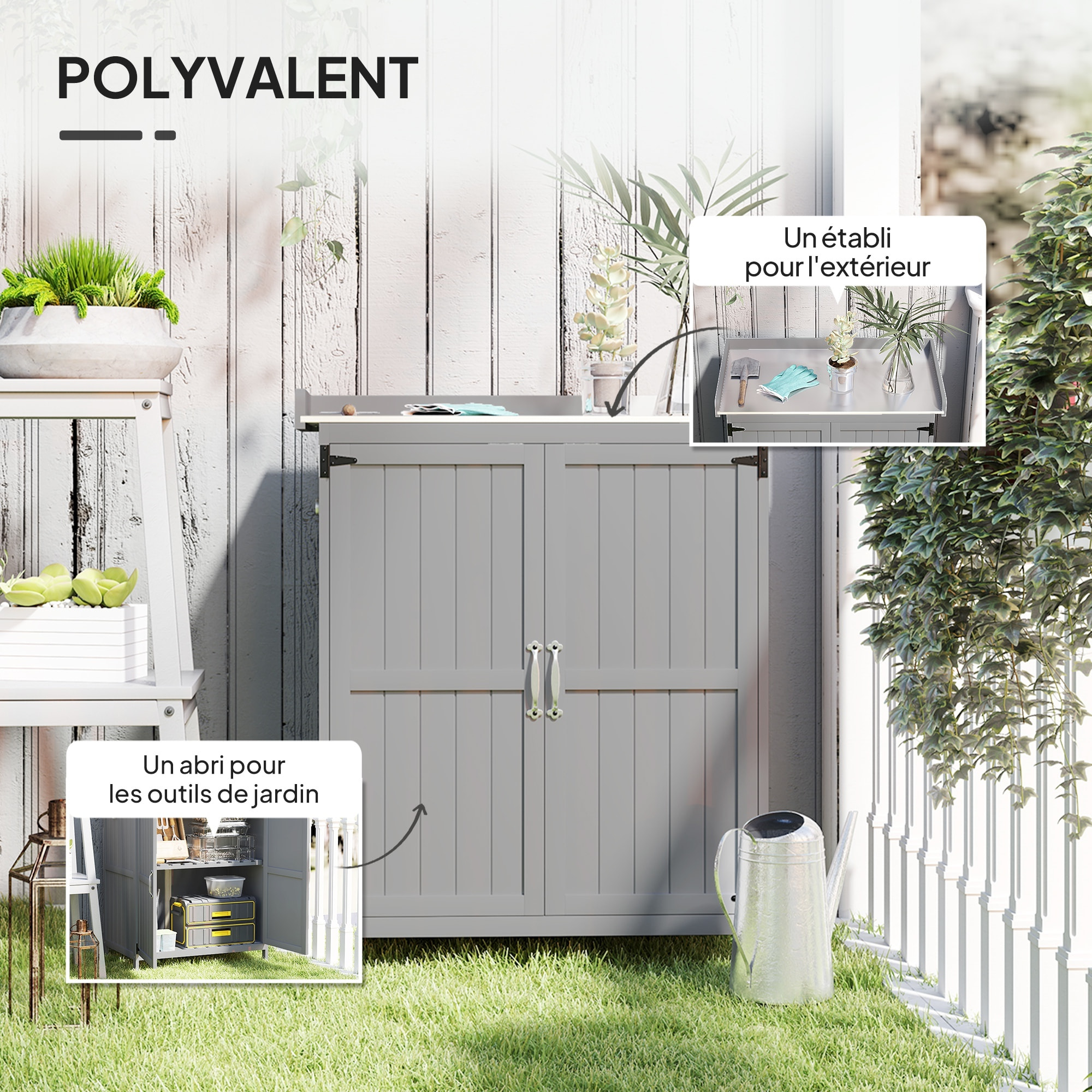 Armoire de jardin sur pied 2 portes étagère toit ouvrant dim. 74 x 43 x 88 cm acier inox bois sapin gris