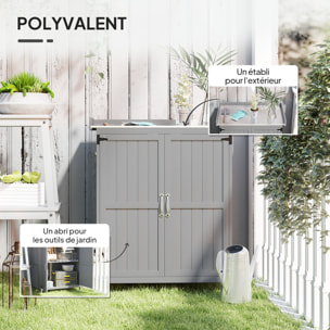 Armoire de jardin sur pied 2 portes étagère toit ouvrant dim. 74 x 43 x 88 cm acier inox bois sapin gris