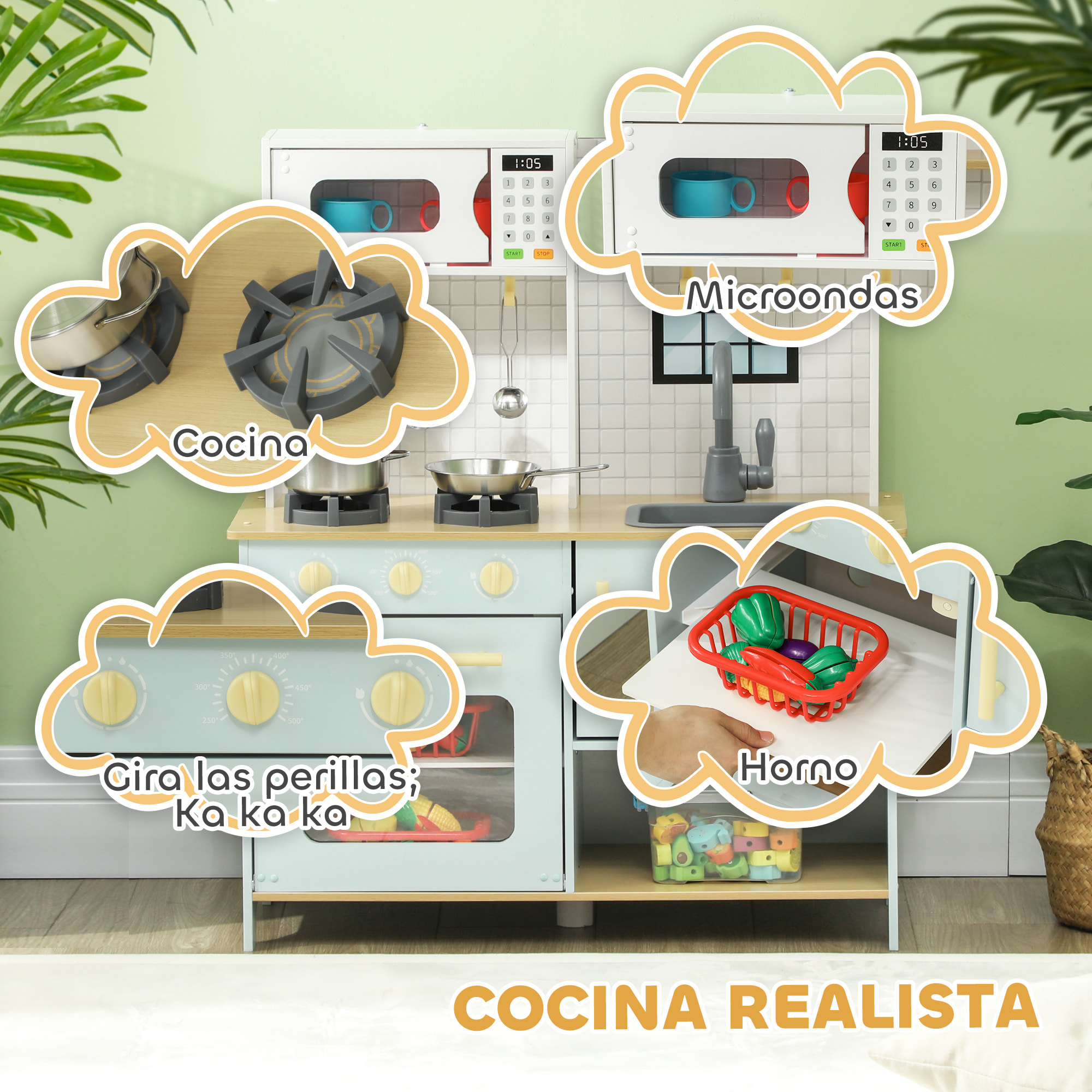 Cocina de Juguete para Niños +3 Años Cocina de Madera Infantil Cocinita Infantil con Sonido Fogón Horno Grifo Fregadero Microondas y Accesorios de Cocina Azul