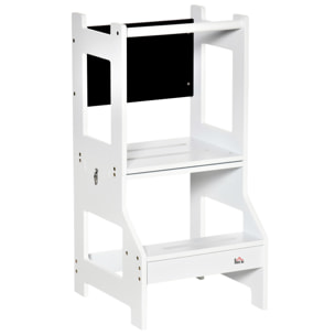 Torre de Aprendizaje para Niños 3-6 Años de Madera Taburete de Cocina Infantil Convertible en Escritorio con Pizarra Pedal y Barra de Seguridad para Baño 42x44x86 cm Blanco