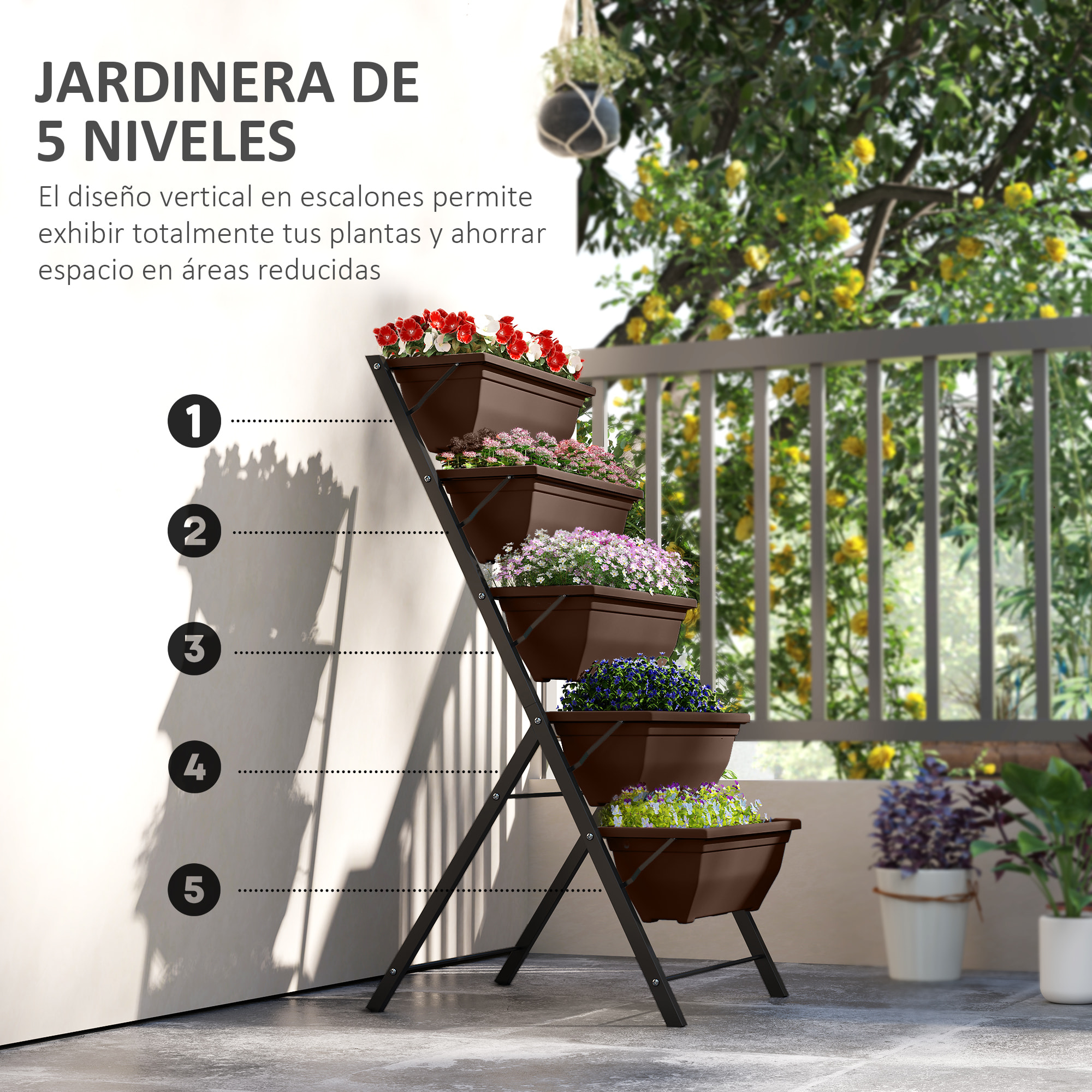 Soporte para Plantas de 5 Niveles con 5 Macetas, Estantería para Plantas para Esquina, Orificios de Drenaje, Diseño en Escalera, Soporte para Macetas, Interior y Exterior, 55x63x120 cm, Negro