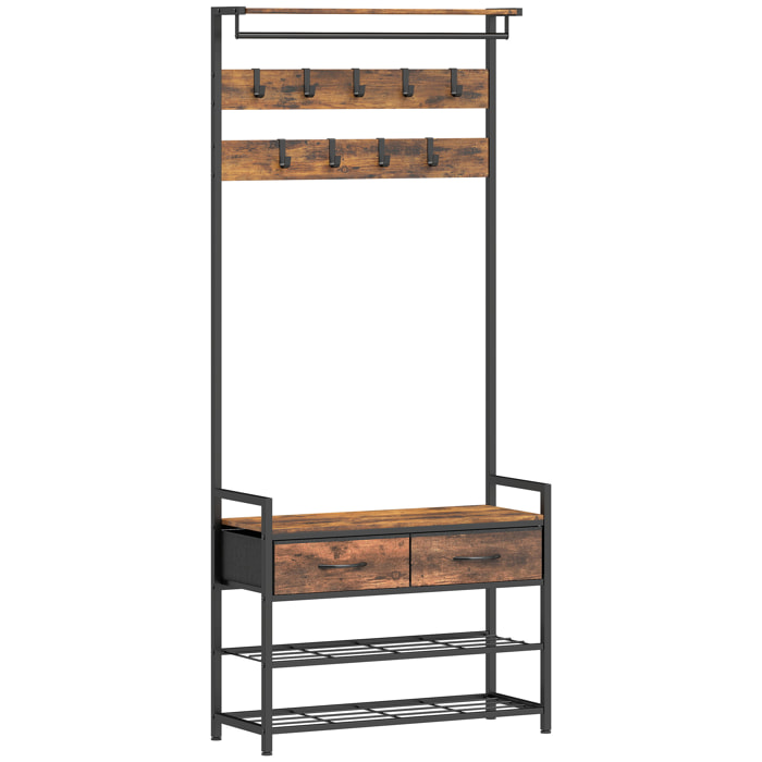 Vestiaire d'entrée style industriel bois métal 2 étagères 2 tiroirs 10 patères barre penderie banc
