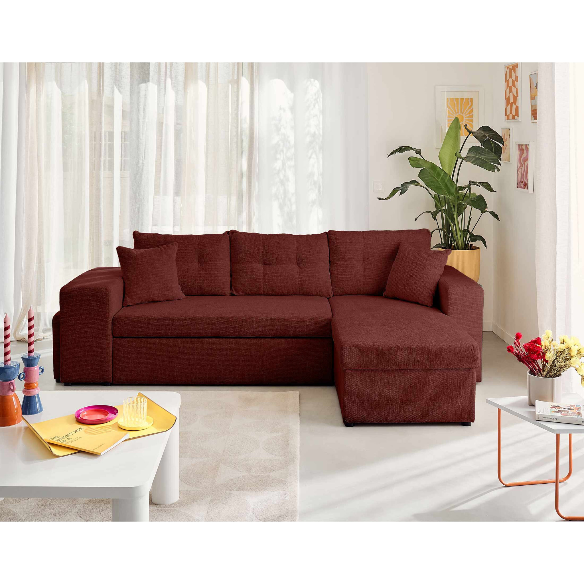 California - canapé d'angle réversible 4 places - convertible avec coffre, étagère et poufs - en velours texturé - Prune