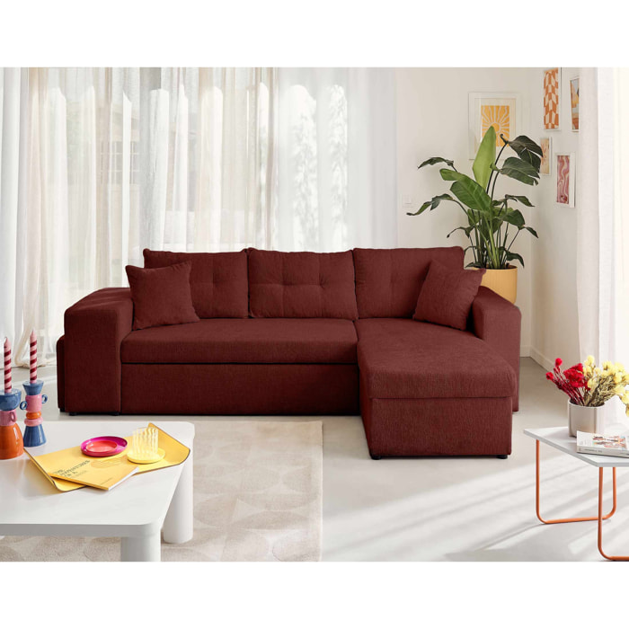 California - canapé d'angle réversible 4 places - convertible avec coffre, étagère et poufs - en velours texturé - Prune