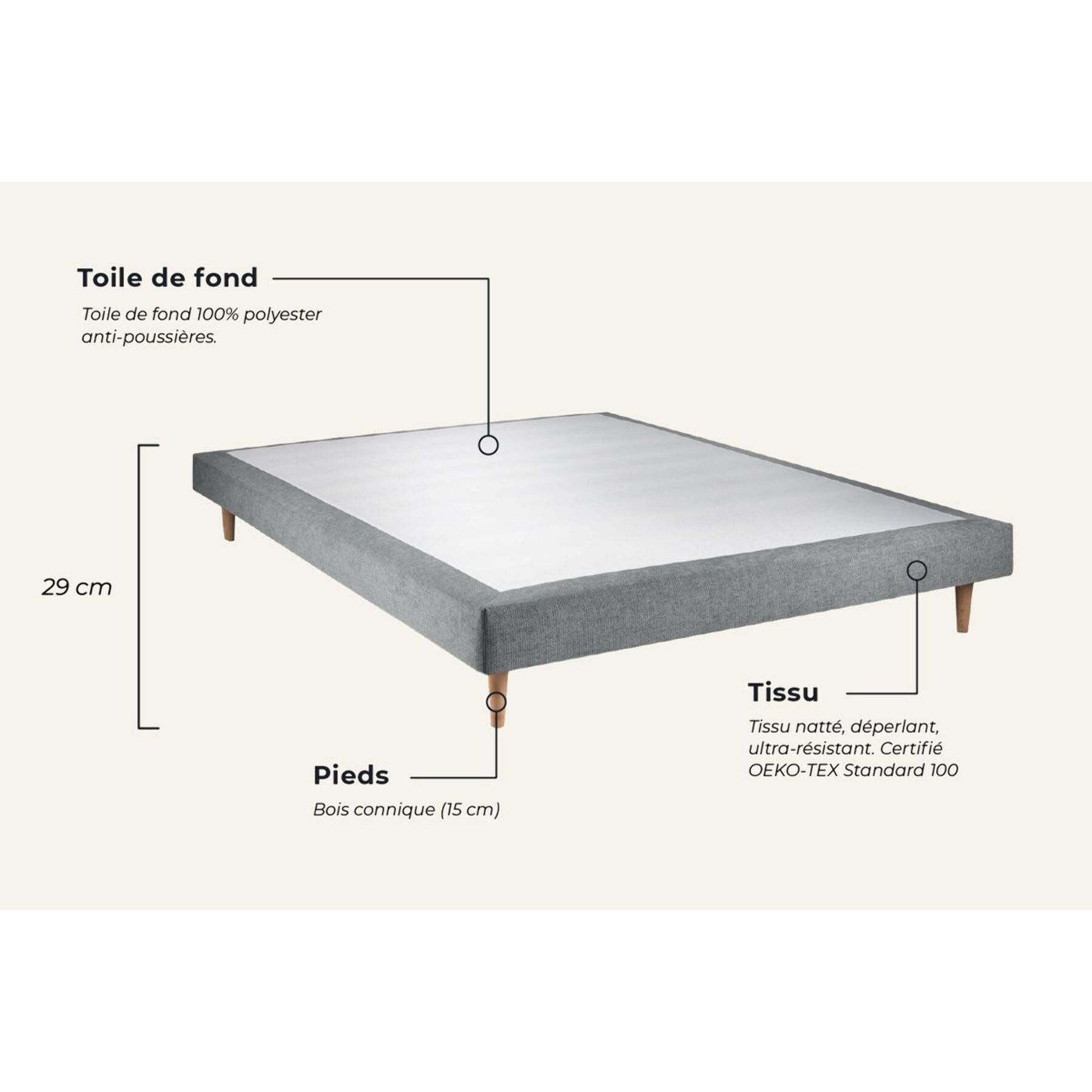Lit Windsor Sommier tapissier en tissu - pieds bois