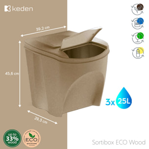Set de 3 cubos de basura papelera reciclaje, marrón eco, volumen 3x25l