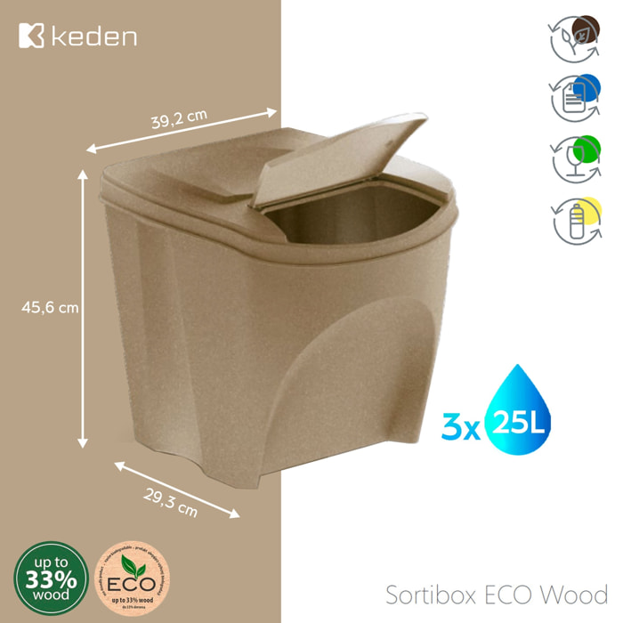 Set de 3 cubos de basura papelera reciclaje, marrón eco, volumen 3x25l