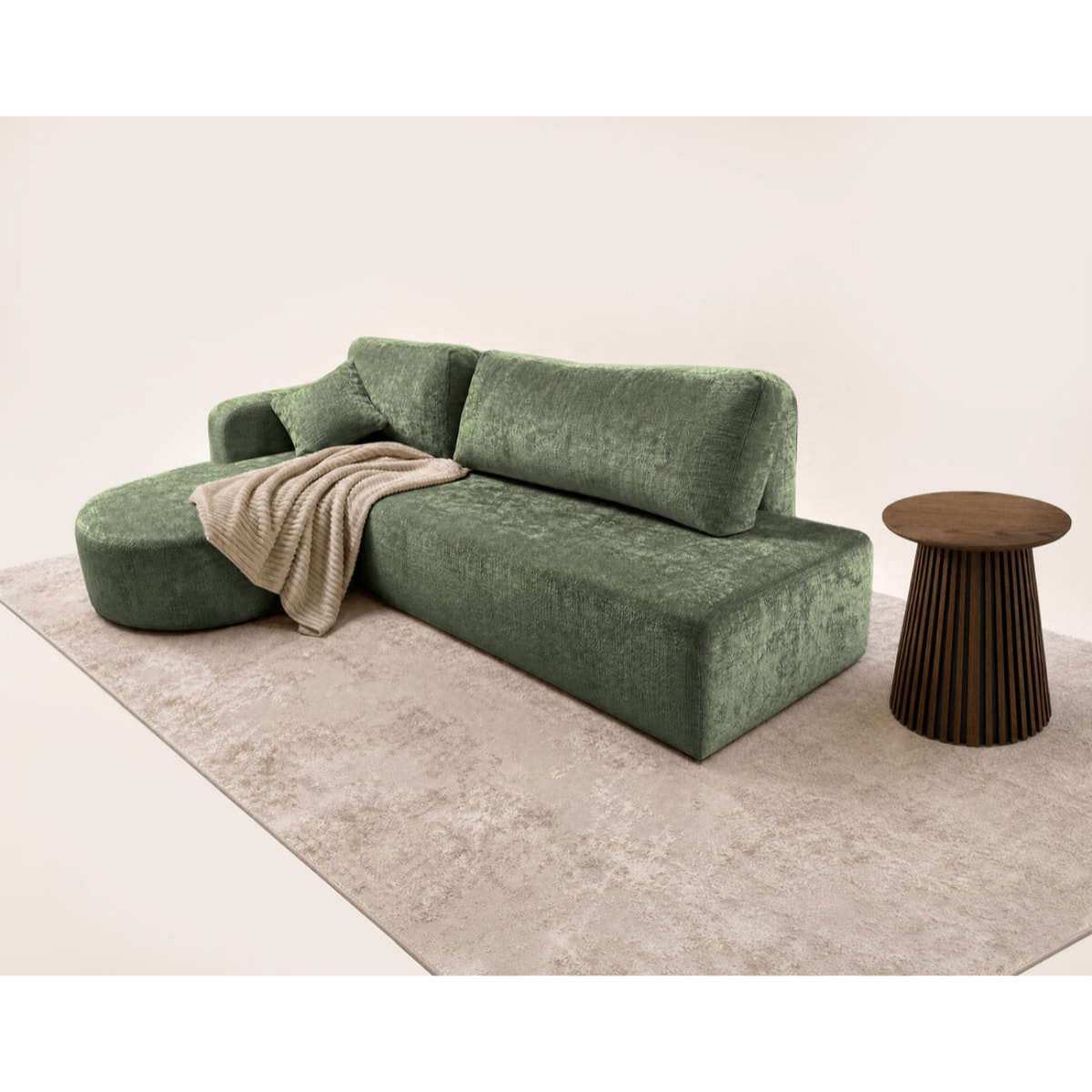 Miro - Canapé d'angle gauche 4 places convertible avec coffre en velours texturé - Vert sauge