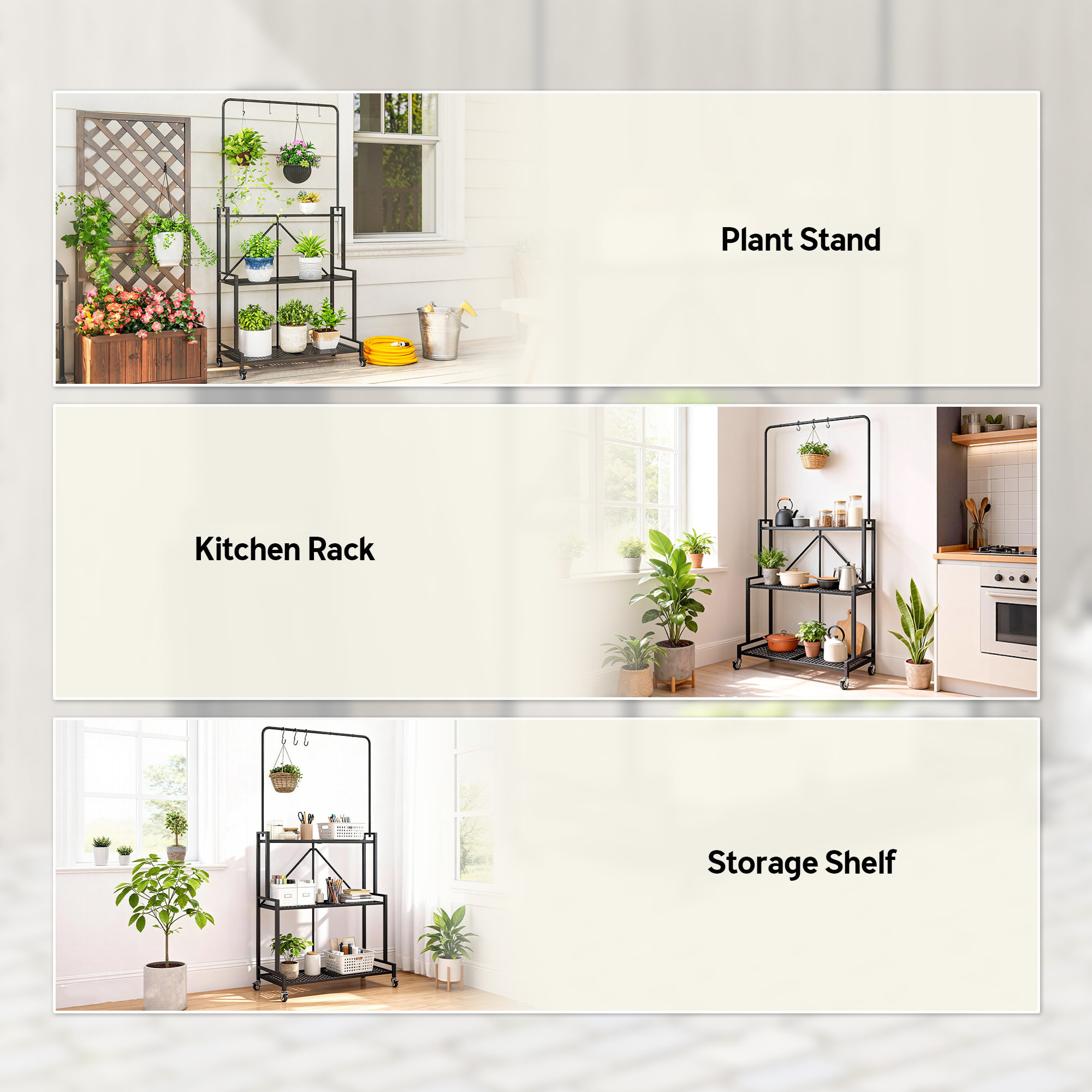 Étagère pour plantes pliable mobile 3 niveaux métal noir