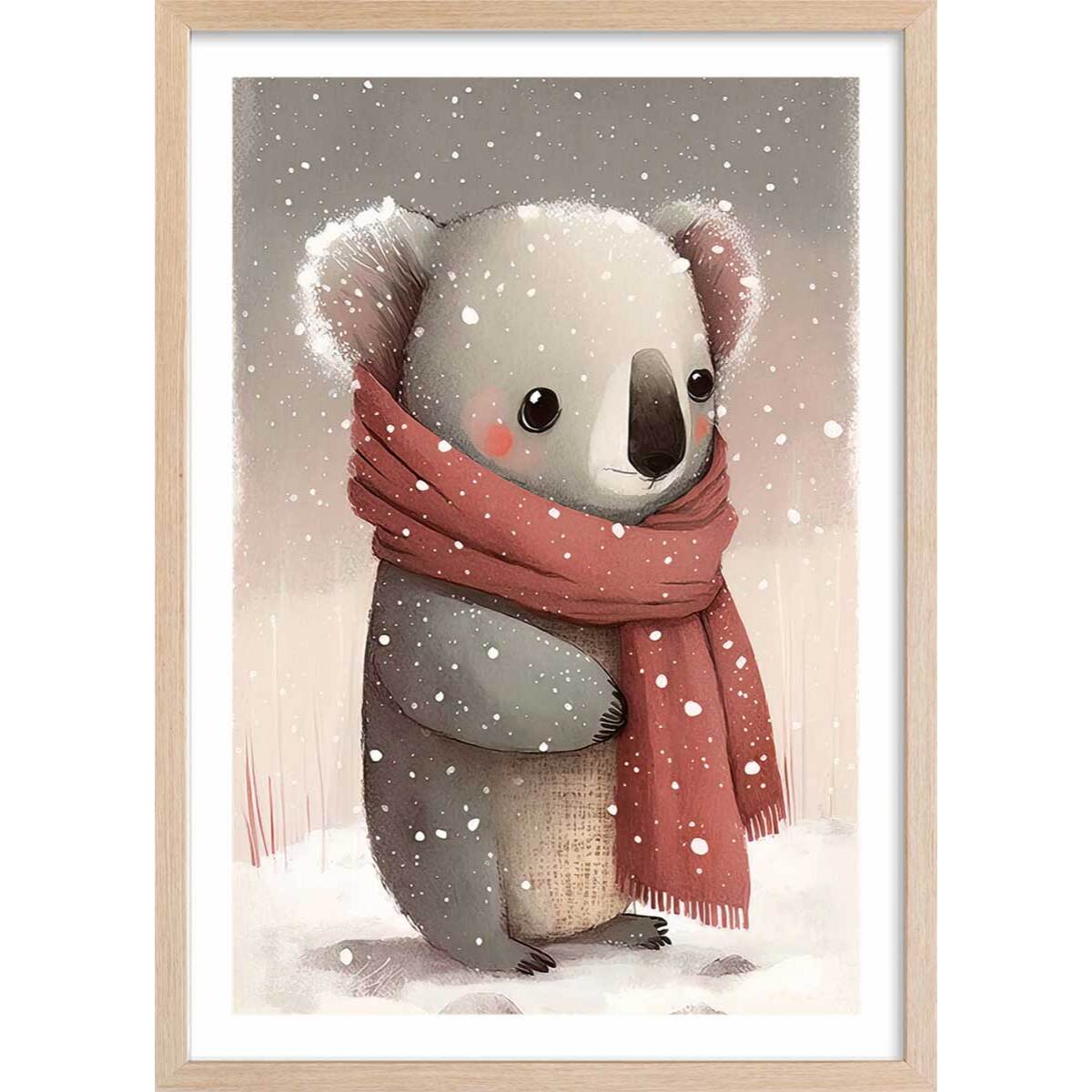 Affiche enfant koala sous la neige  Affiche + cadre en bois - Chêne