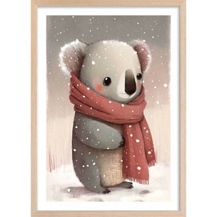 Affiche enfant koala sous la neige  Affiche + cadre en bois - Chêne