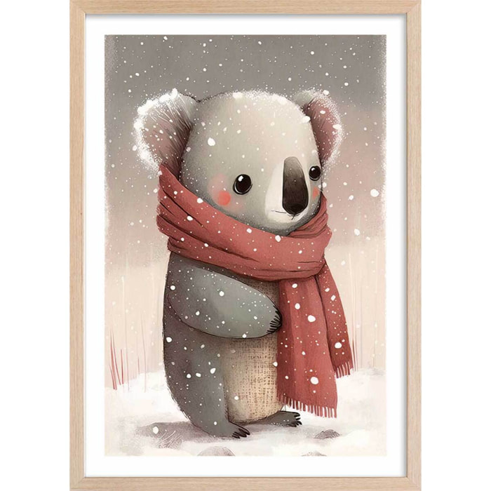 Affiche enfant koala sous la neige  Affiche + cadre en bois - Chêne