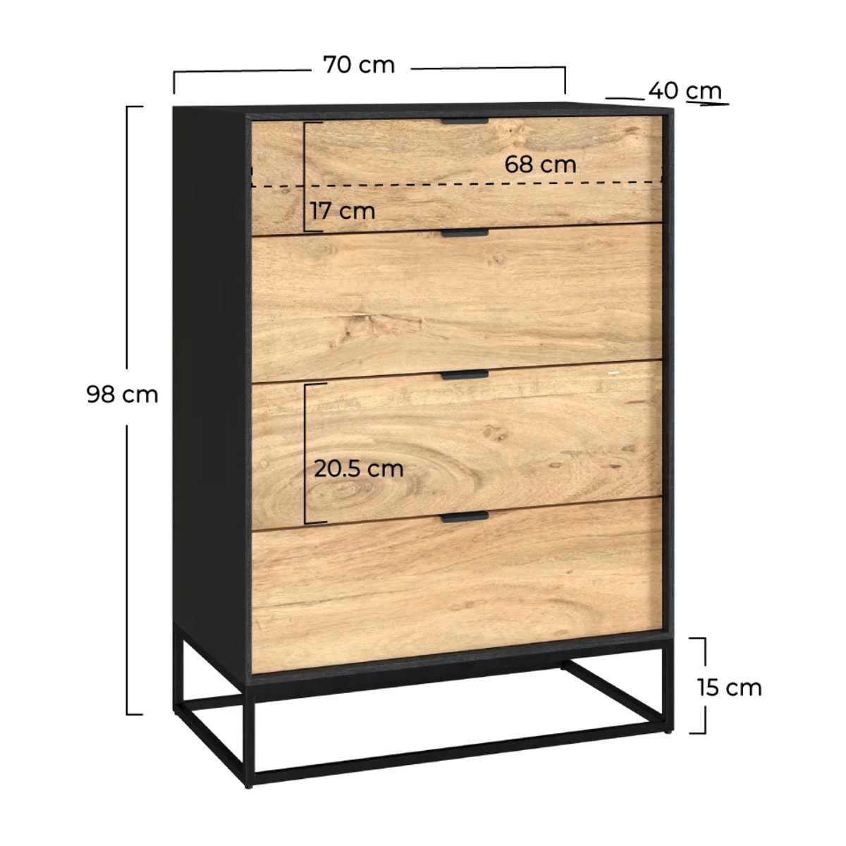 Commode 4 tiroirs en bois d'acacia et pieds en métal - Jakson