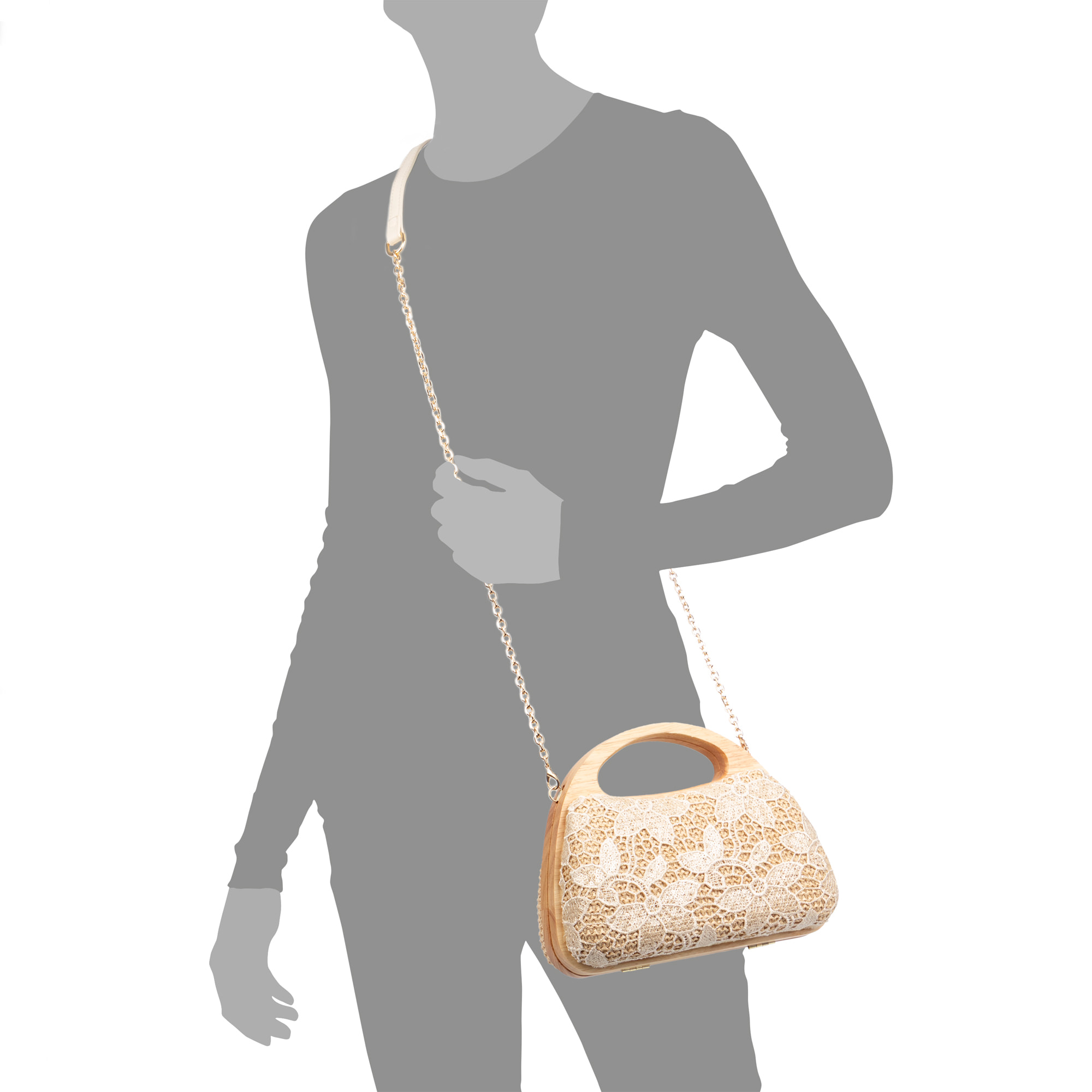 Ausa borsa a mano realizzata in legno naturale, con carta intrecciata e juta, design a rete in tessuto floreale.