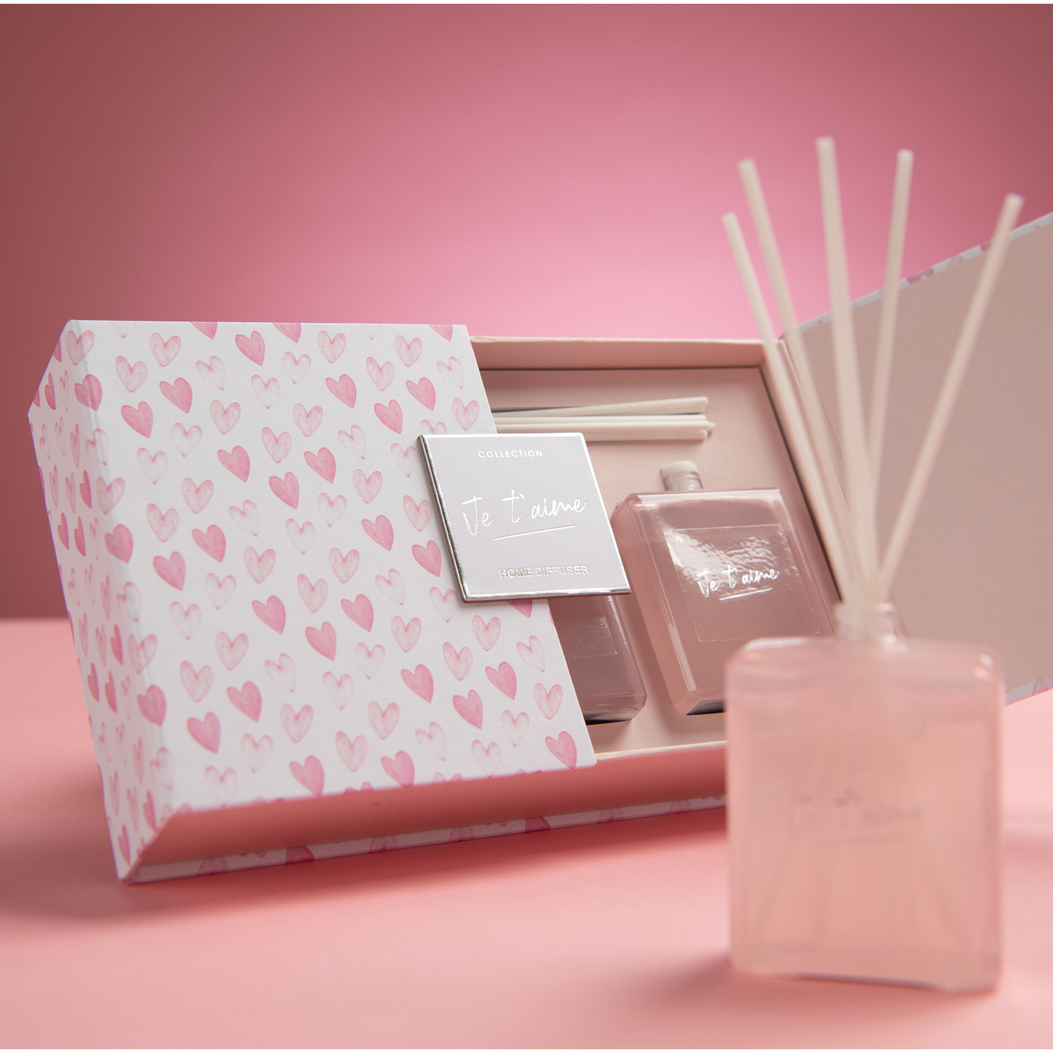 J-Line huile parfumée + bâtons Je T'aime - Mimosa & Rose - verre - rose - boîte de 3