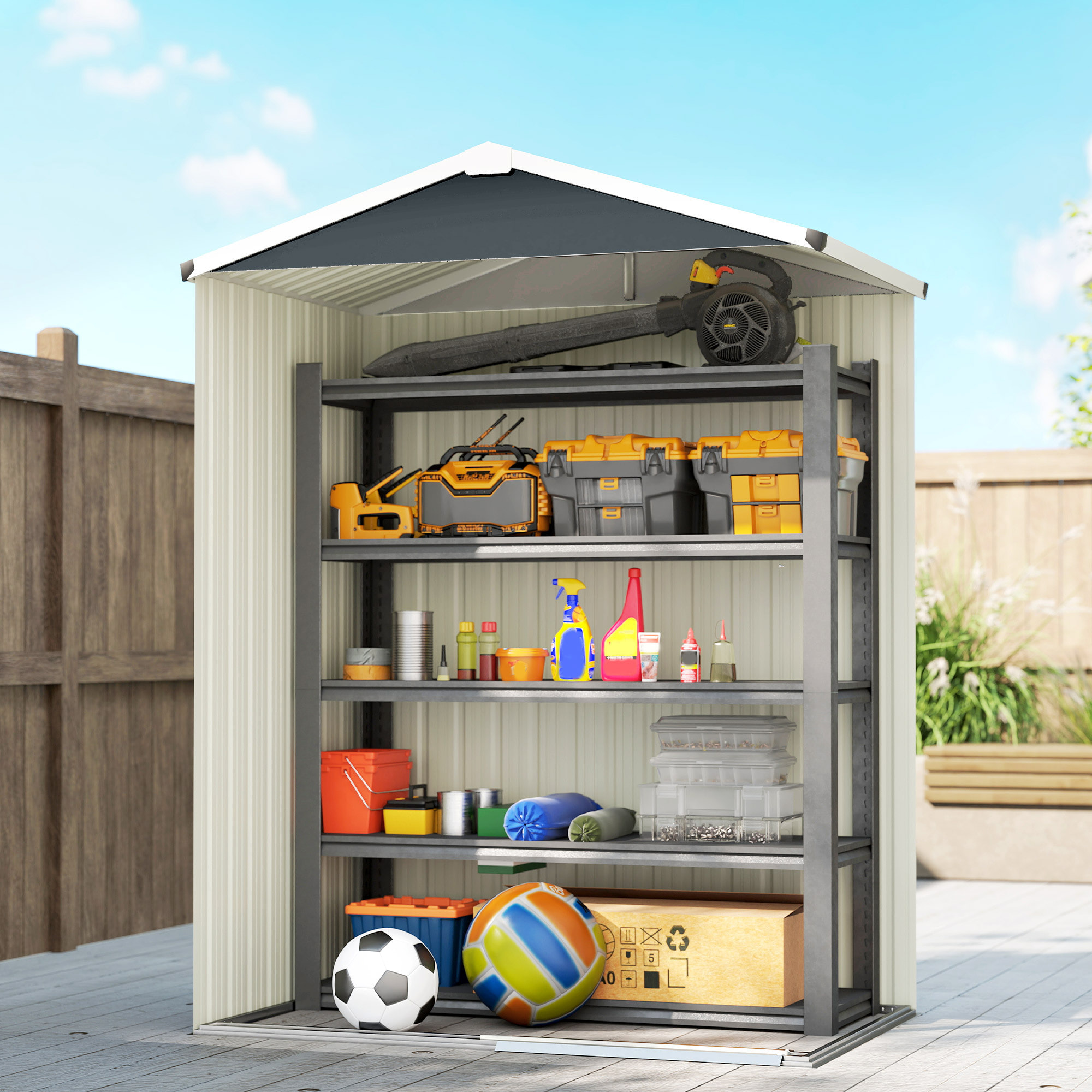 Caseta de Jardín Exterior 1,1 m², 136x87x179 cm, Cobertizo de Jardín Exterior Metálico con Puerta Corredera, Techo Inclinado y Guantes, para Almacenaje de Herramientas Bicicletas, Gris Oscuro