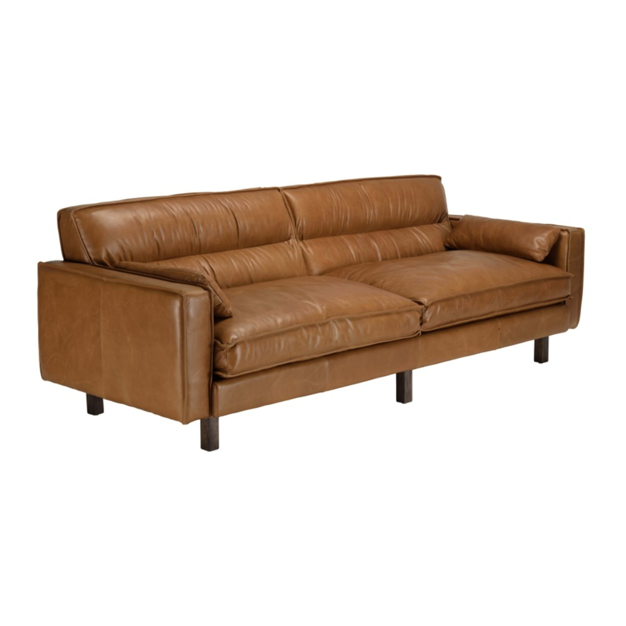 GASTON - Canapé 3 places vintage en cuir marron camel, pieds en bois