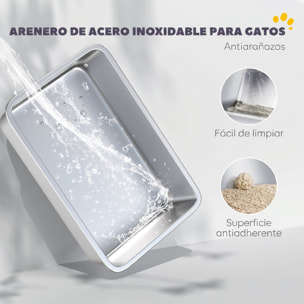 PawHut Arenero para Gatos de Acero Inoxidable XL, Caja de Arena Cerrada para Gatos Grandes, Arenero Extragrande con Tapa Abatible, Borde Alto, Pala, Fácil de Limpiar, Antifugas, Gris Claro