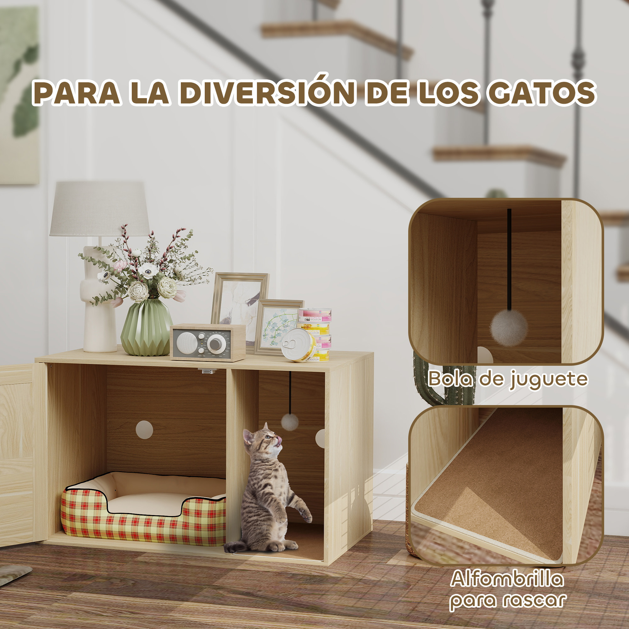 Mueble Arenero para Gatos, Caja de Arena para Gatos con Almohadilla para Rascar y Puerta de Ratán, Mesa Auxiliar para Salón, Dormitorio, 80x50x50 cm, Roble