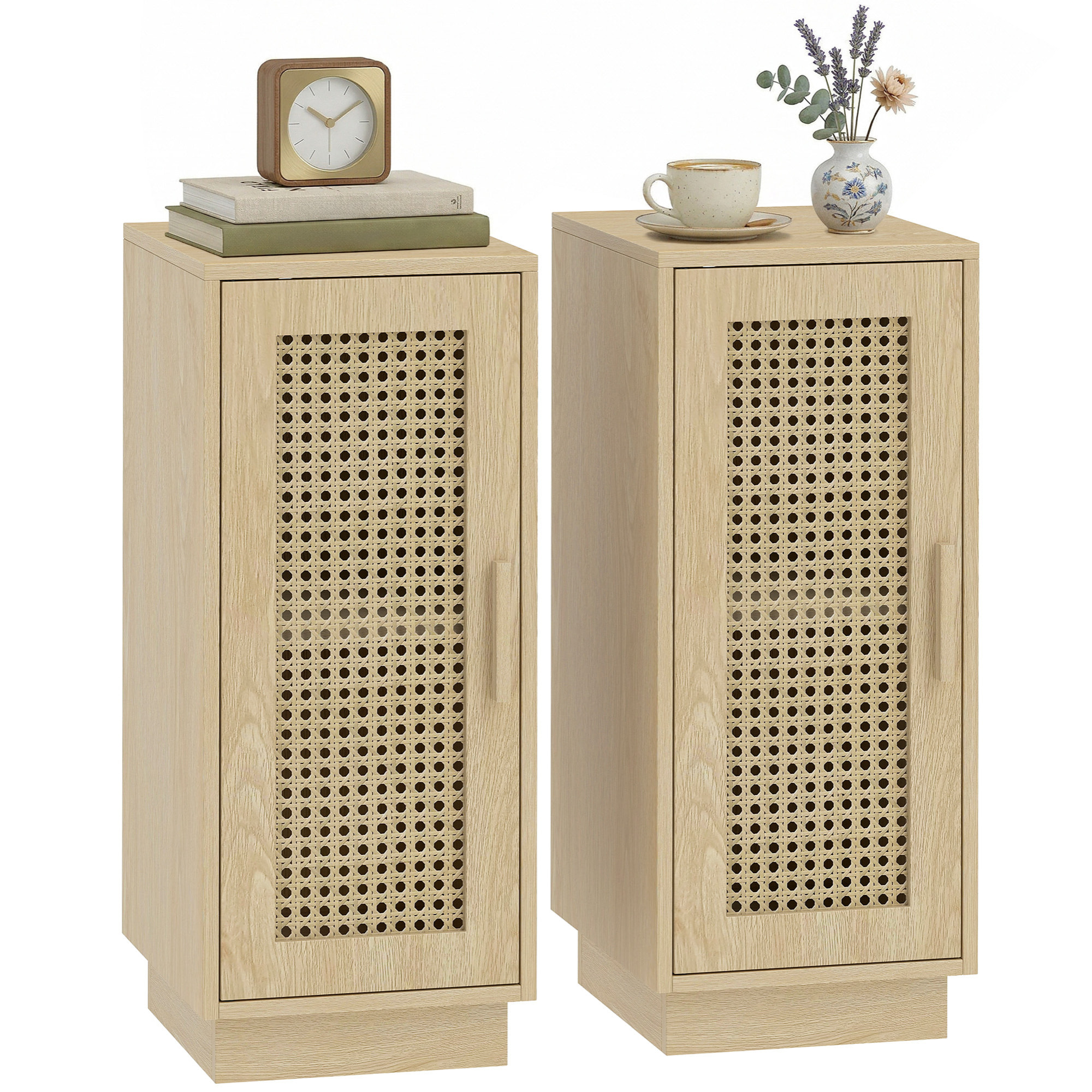Conjunto de 2 Mesitas de Noche con Puerta de Ratán, Mesillas de Noche, Estilo Boho, con Estante Ajustable, Mesitas para Espacios Pequeños, Salón, Dormitorio, 25x30x60 cm, Madera Natural