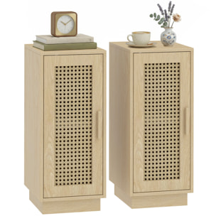 Conjunto de 2 Mesitas de Noche con Puerta de Ratán, Mesillas de Noche, Estilo Boho, con Estante Ajustable, Mesitas para Espacios Pequeños, Salón, Dormitorio, 25x30x60 cm, Madera Natural