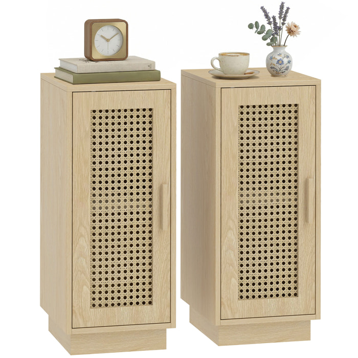 Conjunto de 2 Mesitas de Noche con Puerta de Ratán, Mesillas de Noche, Estilo Boho, con Estante Ajustable, Mesitas para Espacios Pequeños, Salón, Dormitorio, 25x30x60 cm, Madera Natural