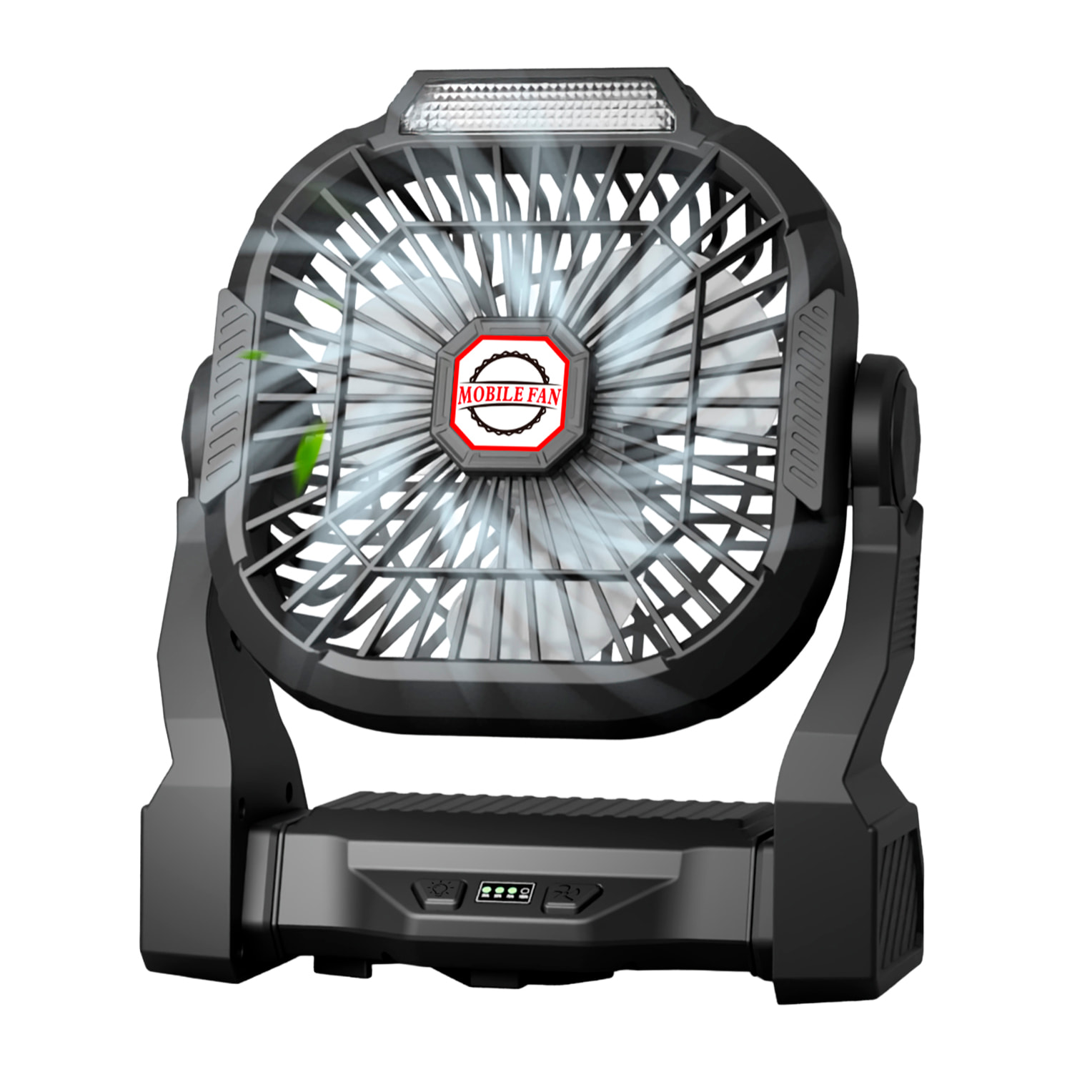 Ventilador P18 con motor sin escobillas, LED con 4 luces, 4 velocidades, 3 niveles de luz. Ángulo ajustable de 90º, gancho para colgar y powerbank de 5200 mAh.
