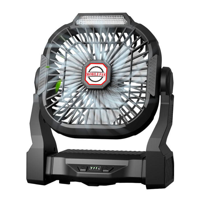 Ventilador P18 con motor sin escobillas, LED con 4 luces, 4 velocidades, 3 niveles de luz. Ángulo ajustable de 90º, gancho para colgar y powerbank de 5200 mAh.