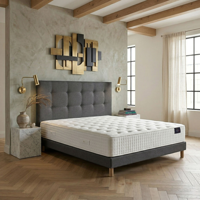 Ensemble matelas ressorts HÉLIOS, mémoire de forme, H31 cm, sommier et tête de lit gris foncé