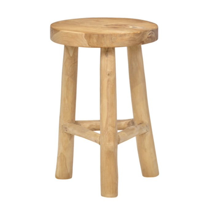 Tabouret rond artisanal 45 cm de haut en bois de teck - PLUTO