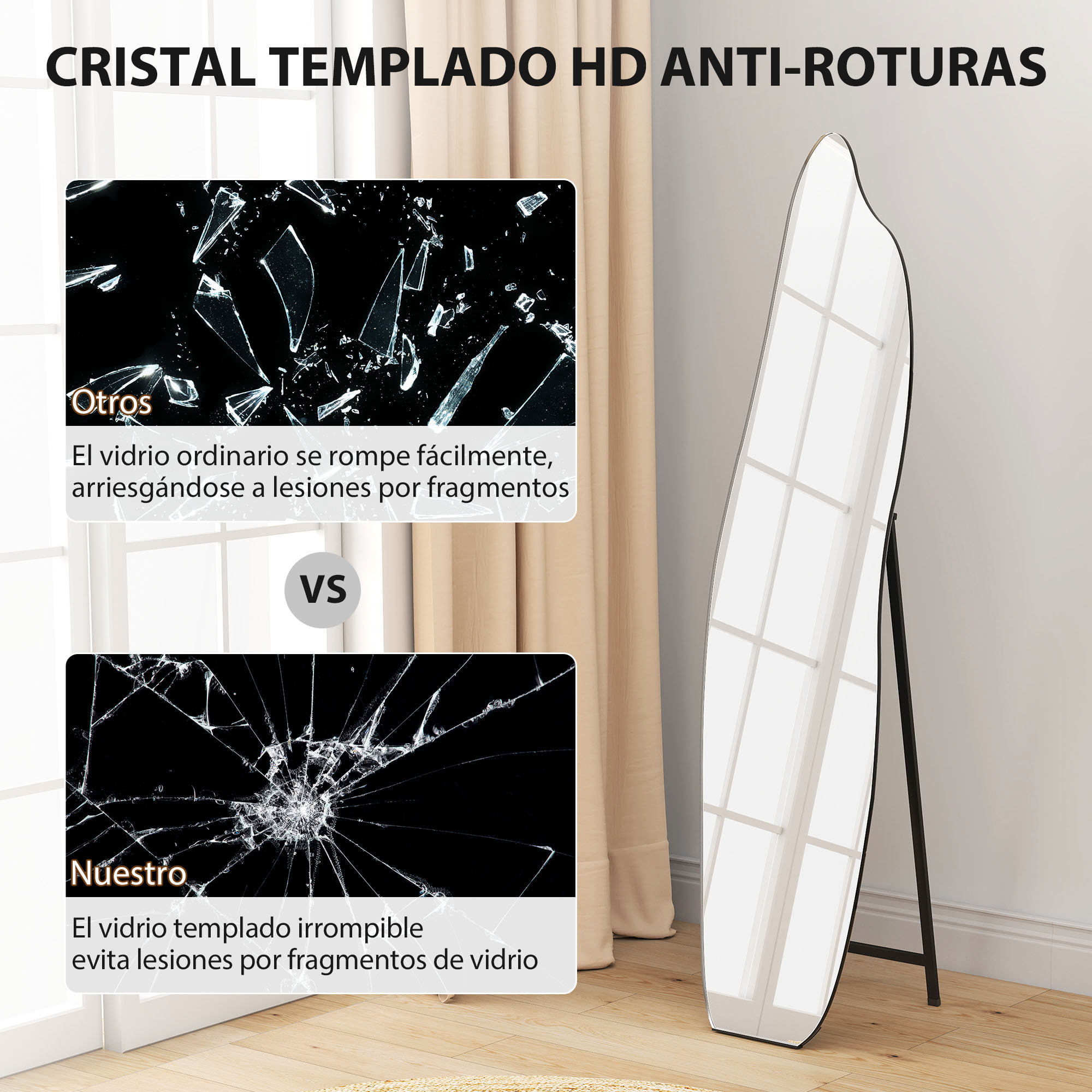 Espejo de Pie Cuerpo Entero 160x40 cm sin Marco, Espejo de Pie Forma Irregular con Soporte Metálico, Montaje en el Suelo o Apoyado contra la Pared, para Salón, Entrada y Dormitorio, Negro