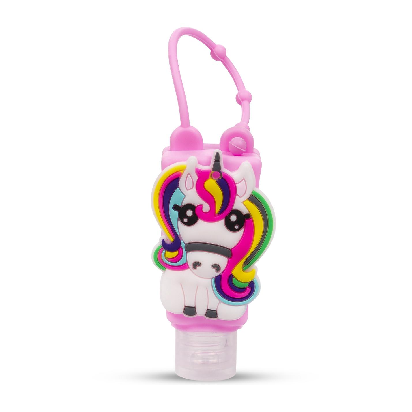 Llavero Botella higienizante de manos alcohol rellenable 30ml. Diseño unicornio.