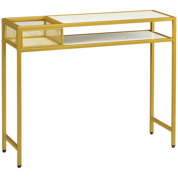 Mesa Consola Mesa de Entrada con Estante Cesta de Almacenamiento y Marco de Acero Mueble Recibidor para Salón Pasillo Carga 50 kg 100x30x80 cm Oro y Blanco