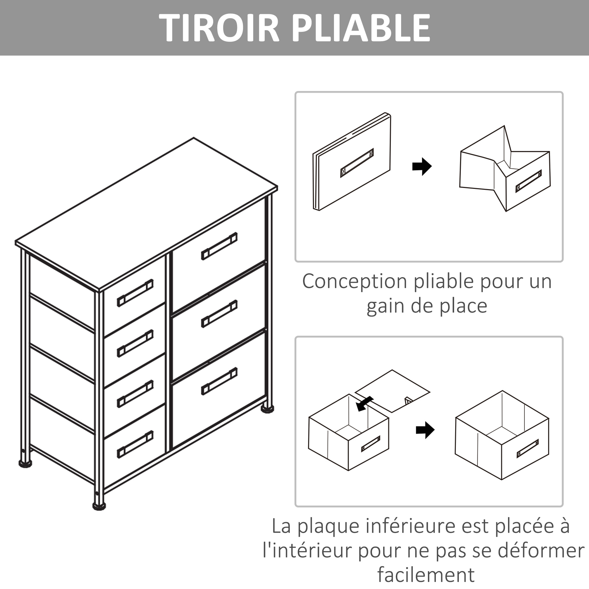 Meuble de rangement commode design 64L x 30l x 71H cm 7 tiroirs métal MDF non tissé blanc