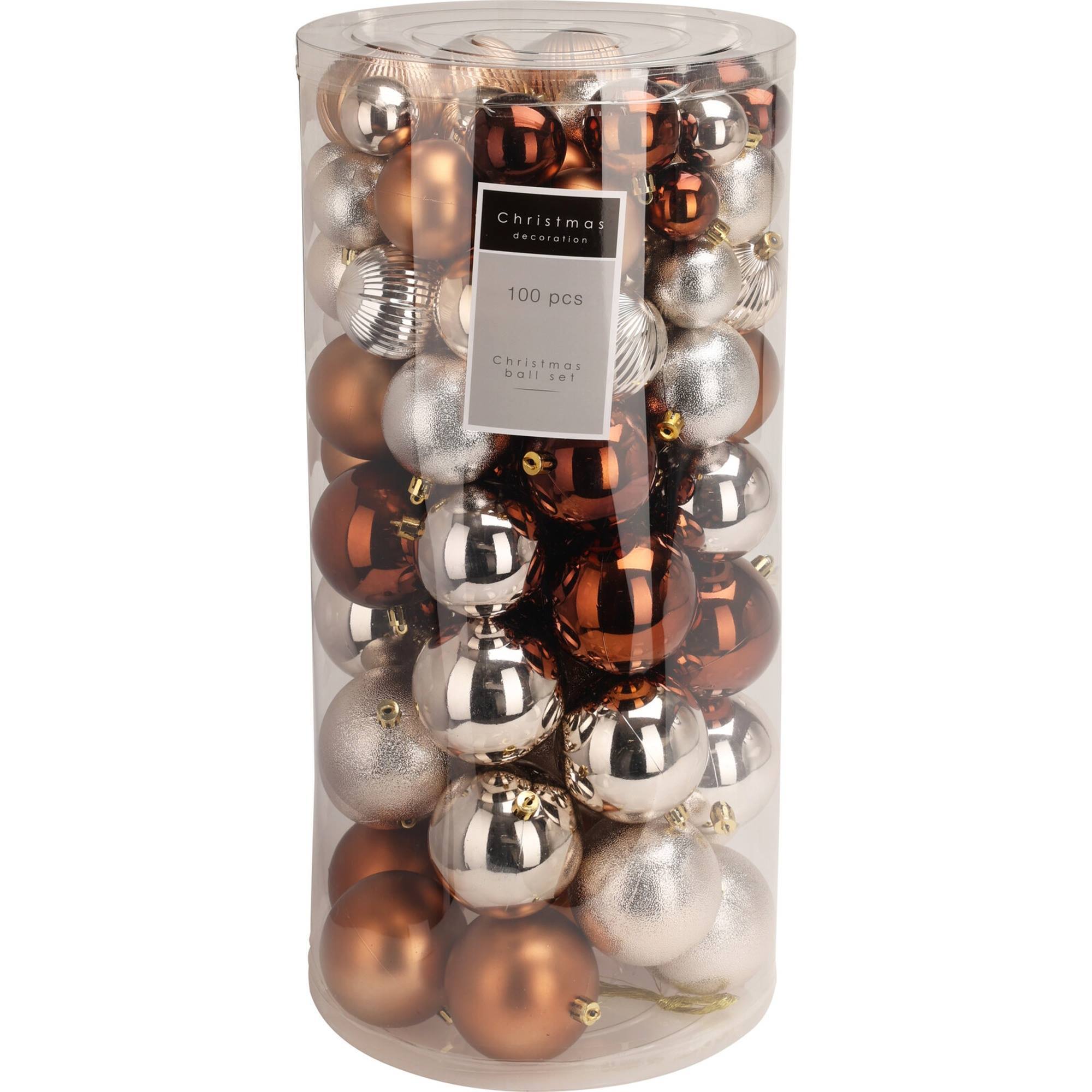 set de 100 bolas de navidad color ámbar pet con diferentes diseños y acabados