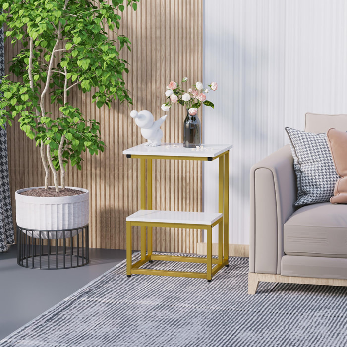 Table basse moderne salon table d'appoint chambre guéridon bout de canapé design structure acier doré plateau étagère aspect marbre blanc