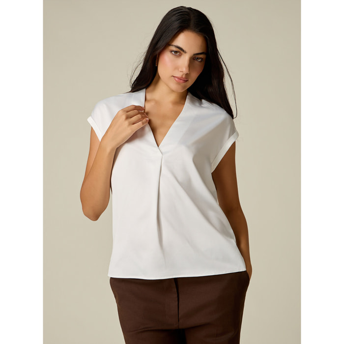 Oltre - T-shirt bimaterica scollo a V - Avorio