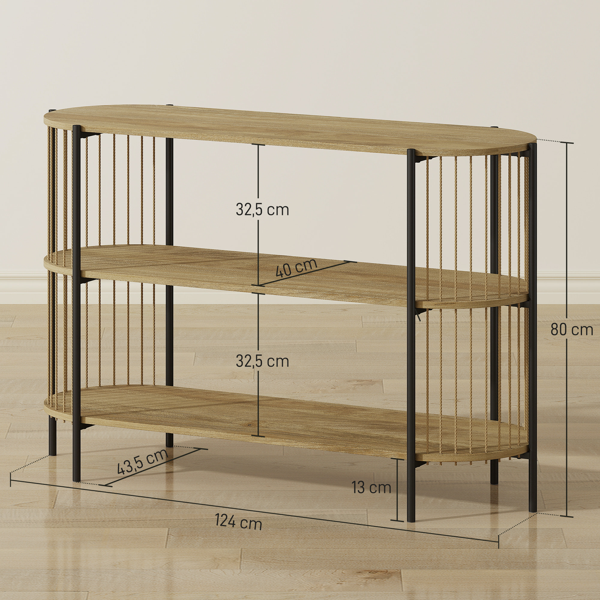 Mesa de Consola con Cuerda de Papel Trenzada a Mano Consola Recibidor de 3 Niveles con Marco de Acero Estilo Bohemio para Entrada Sala de Estar 124x43,5x80 cm Natural