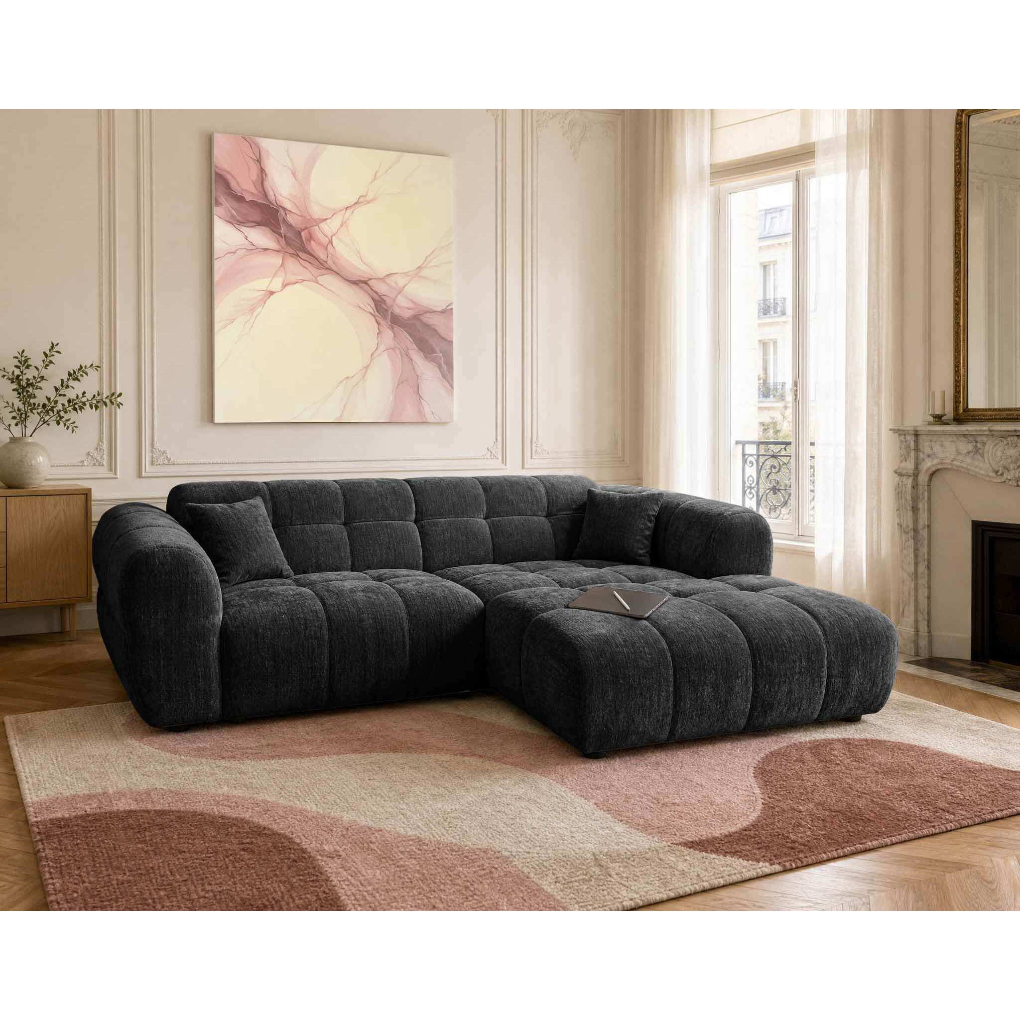Mini Ray - Canapé d'angle droit 4 places en tissu texturé - Gris Anthracite