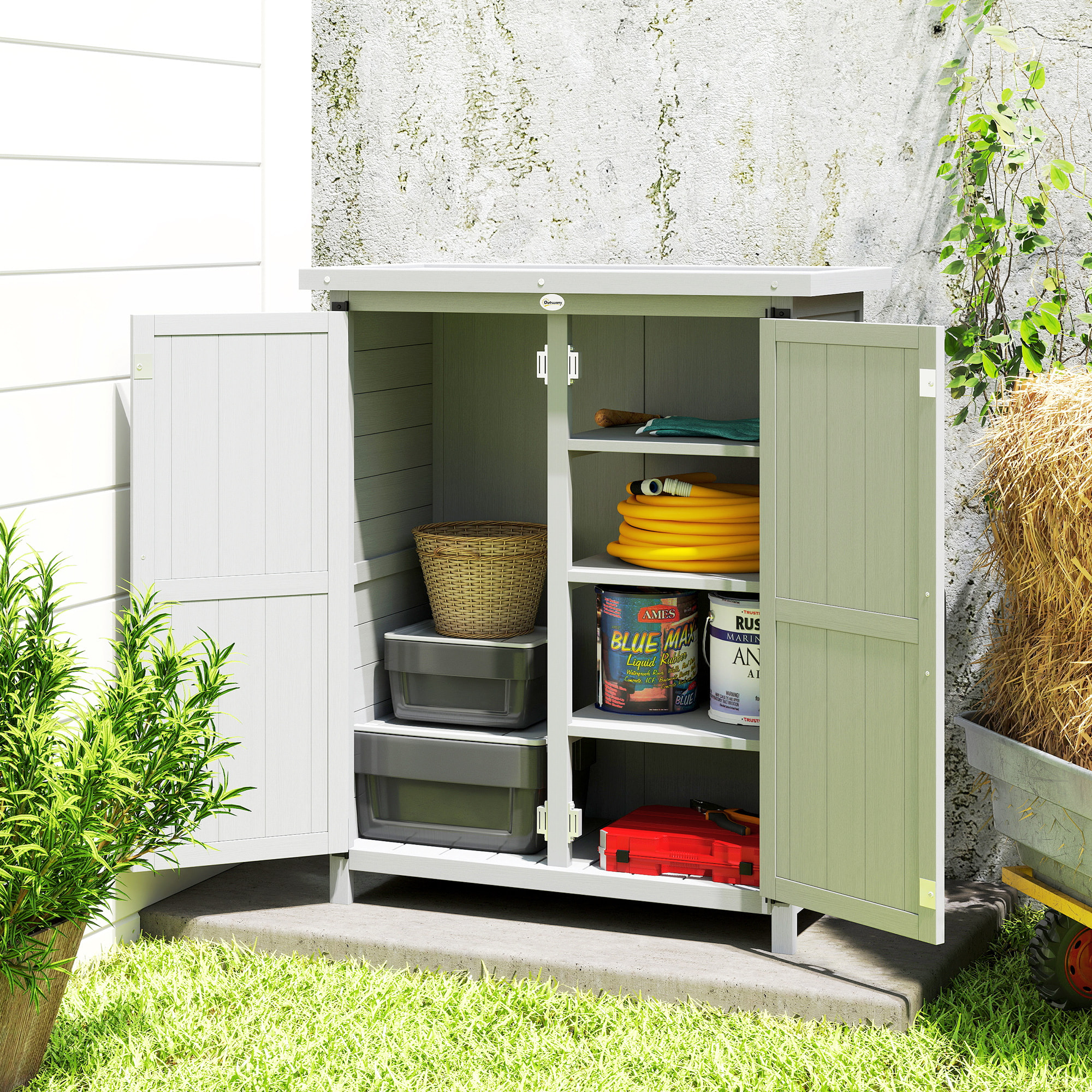 Armoire de jardin sur pied dim. 75 x 40 x 90 cm 2 portes 3 étagères toit tôle bois sapin gris