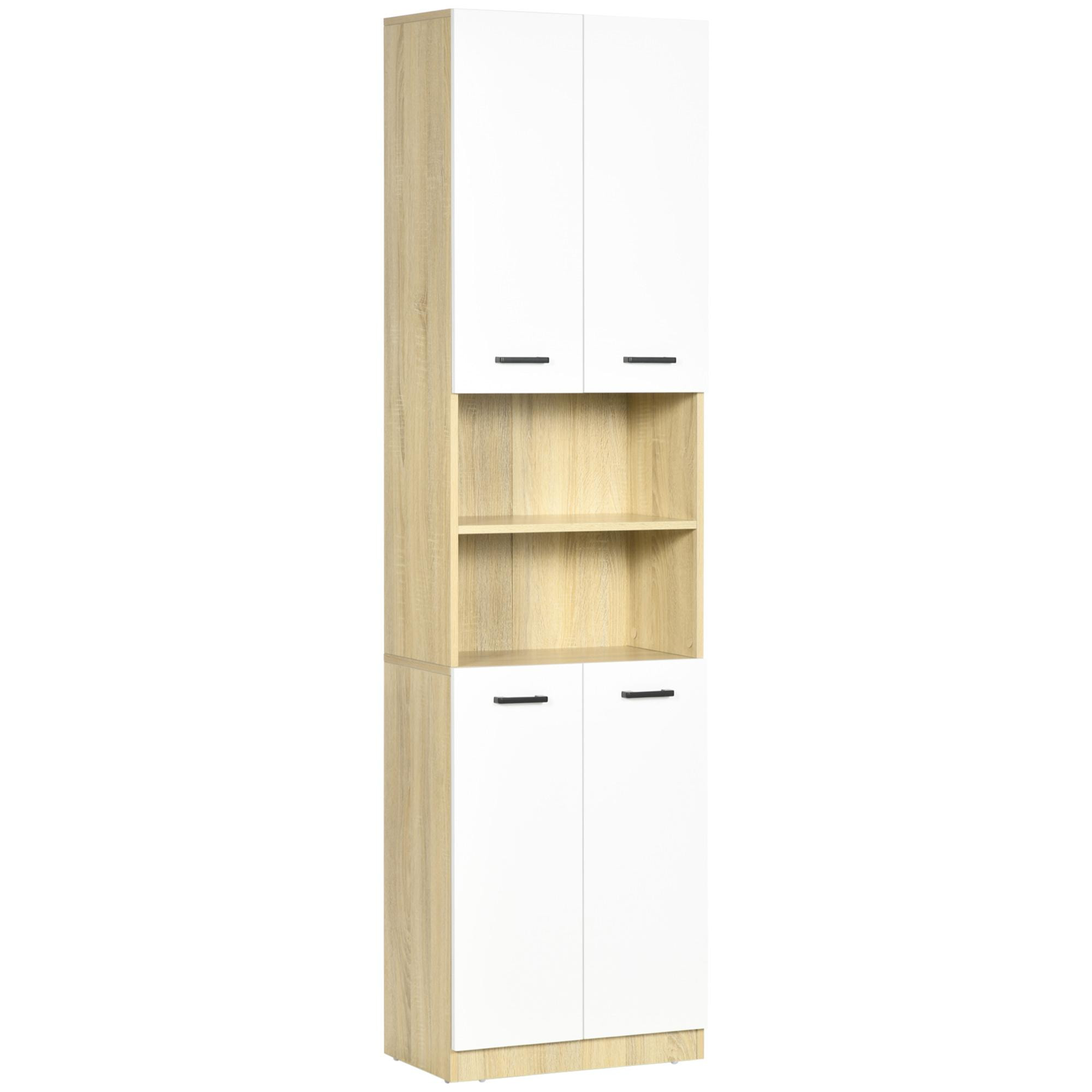 Columna Auxiliar de Baño Armario Alto de Baño con 4 Puertas 2 Estantes Abiertos y Estantes Ajustables Estilo Moderno para Salón 53x33,5x195,7 cm Blanco y Roble