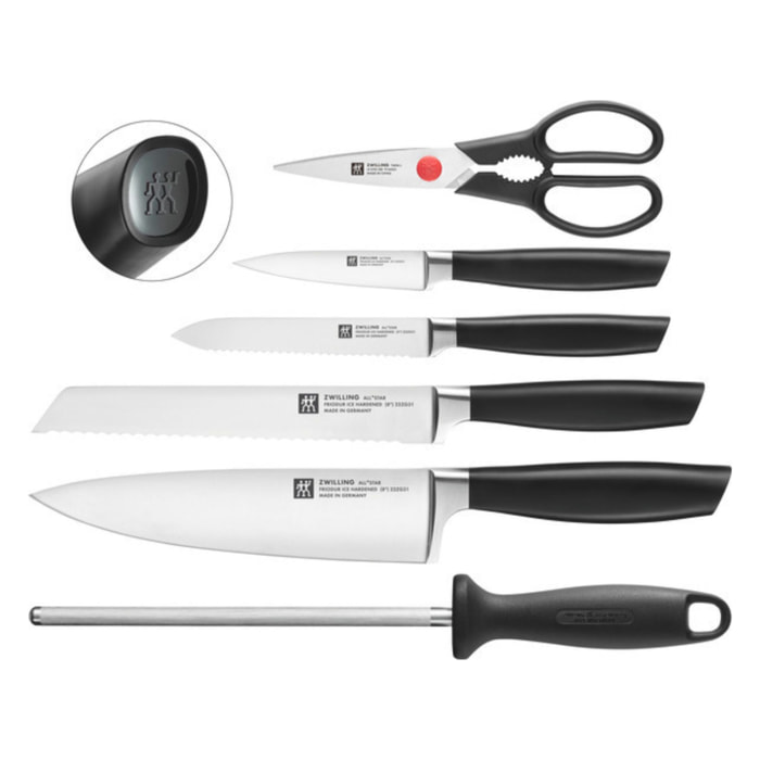 7-pcs, Bloc de couteaux, Argent, Noir mat