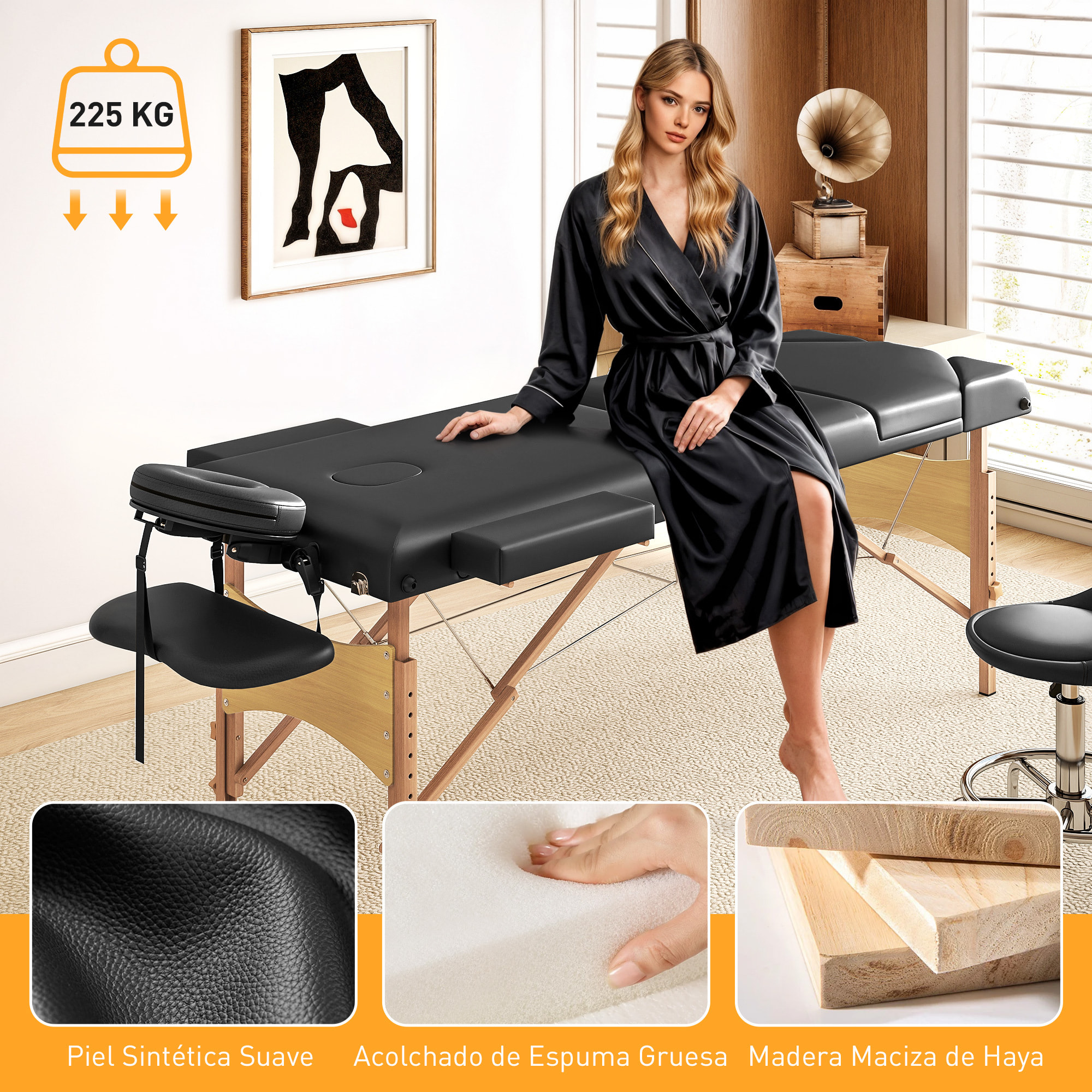Camilla Masaje Plegable Portátil Camilla Estética Profesional de Madera de 3 Zonas con Altura Ajustable Reposacabezas Reposabrazos Acolchados para Spa Pestañas Tatuajes 215x60x64-89 cm Negro