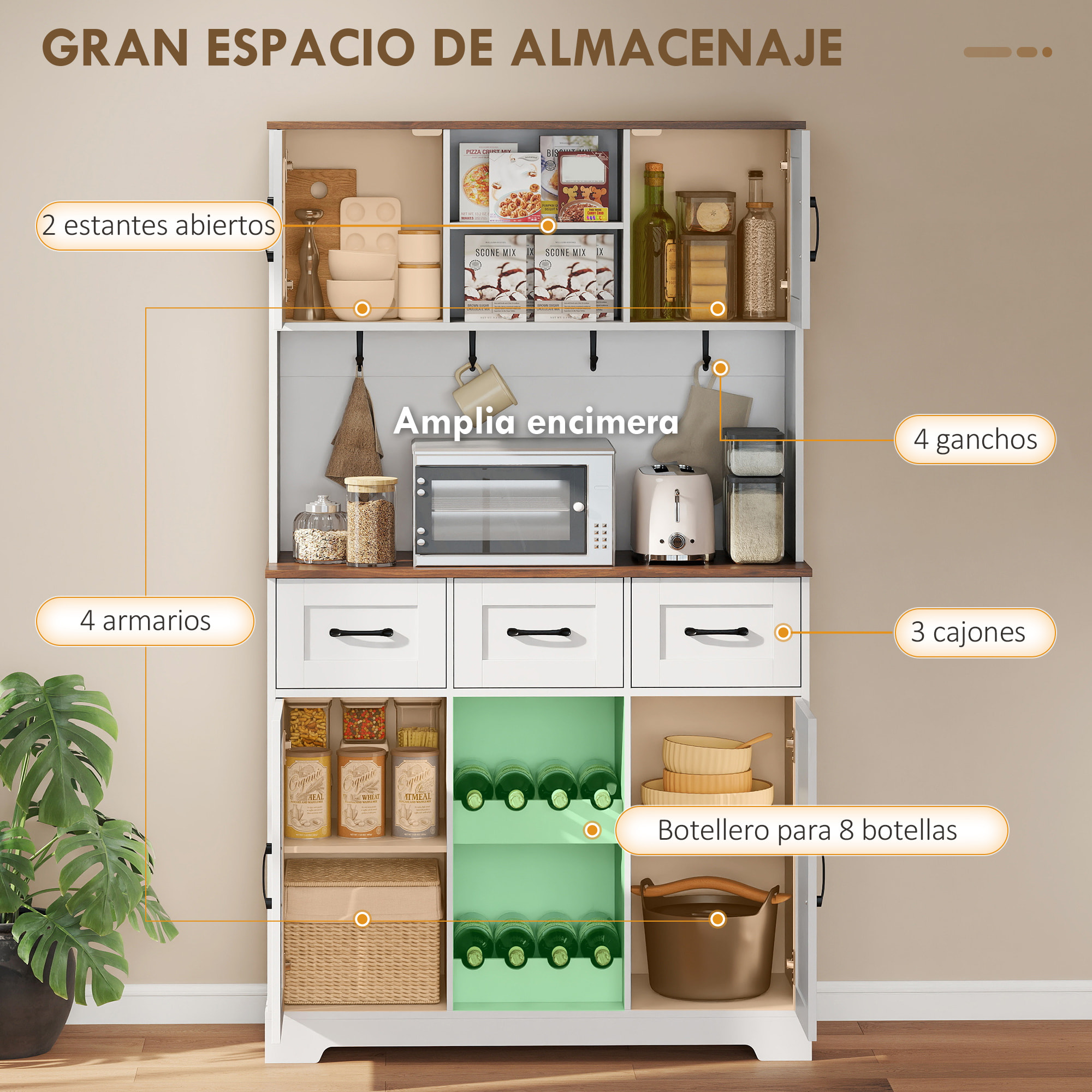 Alacena de Cocina Alta, Mueble Auxiliar de Cocina, Botellero para 8 Botellas, 4 Puertas, 3 Cajones, Estantes Abiertos, Encimera Amplio, 4 Ganchos, Orificio para Cables, Blanco, 100x38x172 cm