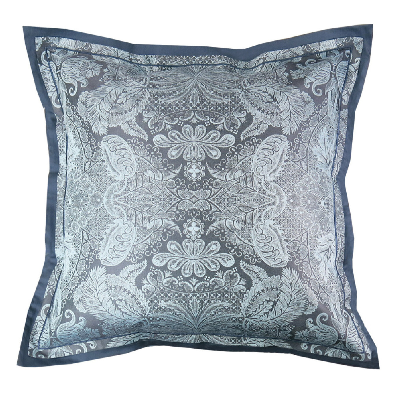 Taie d'oreiller satin de coton motif jacquard bleu Isaphire diamant noir