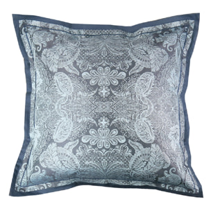 Taie d'oreiller satin de coton motif jacquard bleu Isaphire diamant noir