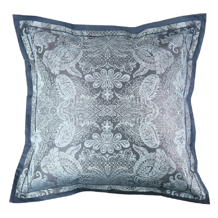 Taie d'oreiller satin de coton motif jacquard bleu Isaphire diamant noir