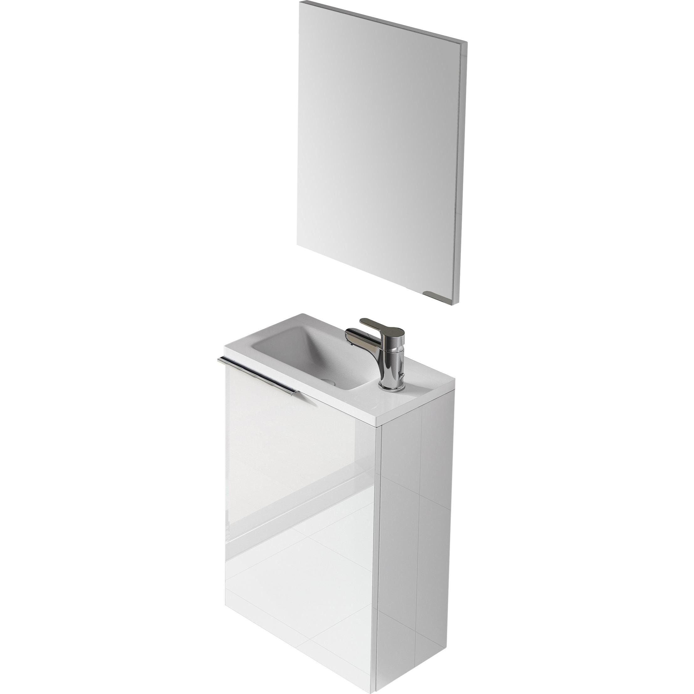 Mobile sottolavabo Peoria, Mobiletto per bagno sospeso, Armadio a 1 anta con specchio e lavabo, cm 40x22h58, Bianco lucido