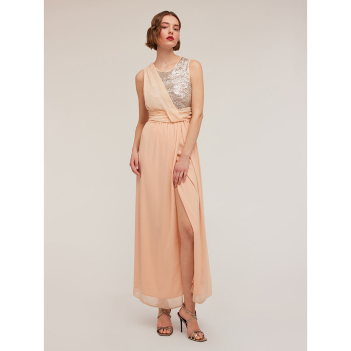 Motivi - Vestito lungo a peplo con corpino full paillettes - Rosa
