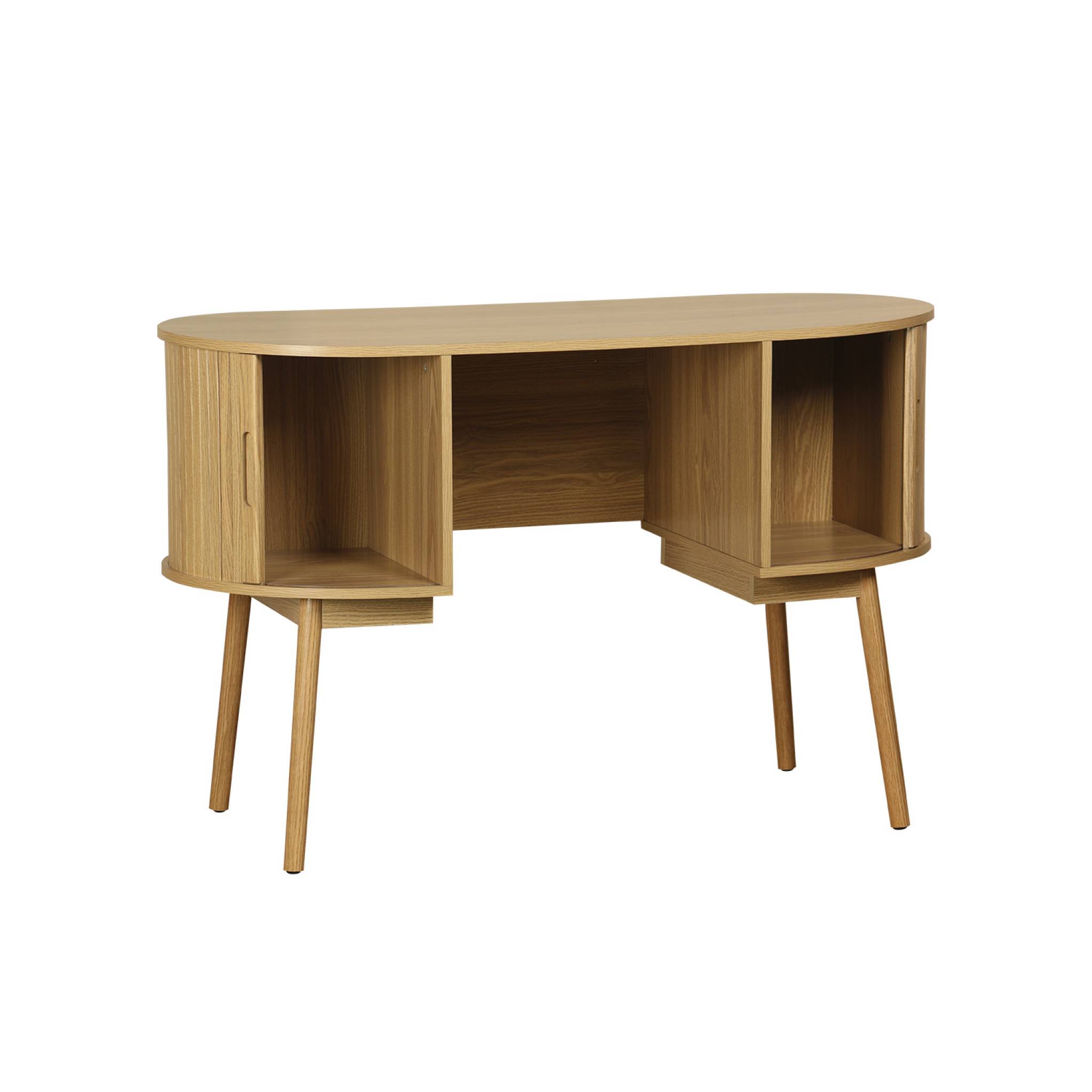 Bureau ovale effet bois rainuré avec deux espaces de rangement. L 120 x P 55 x H 77 cm
